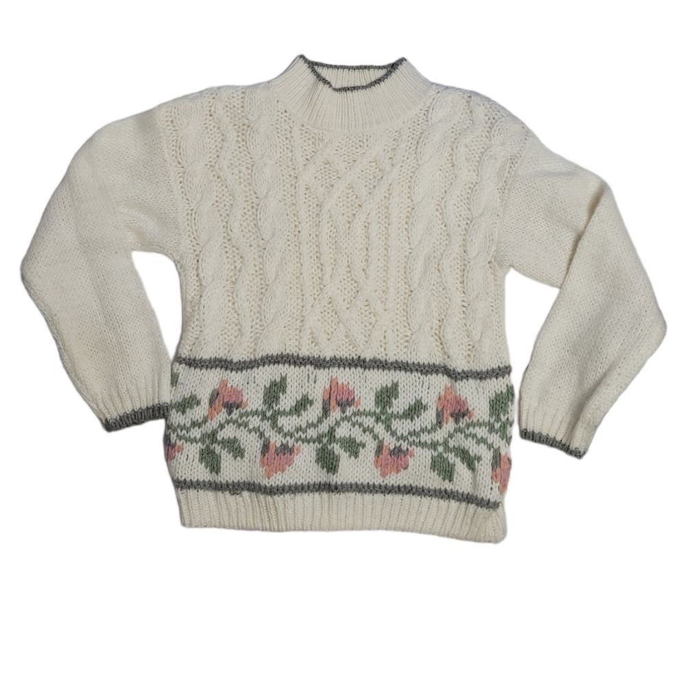 VINTAGE 90s floral sweater mock neck hand knit‎ cable knit M
